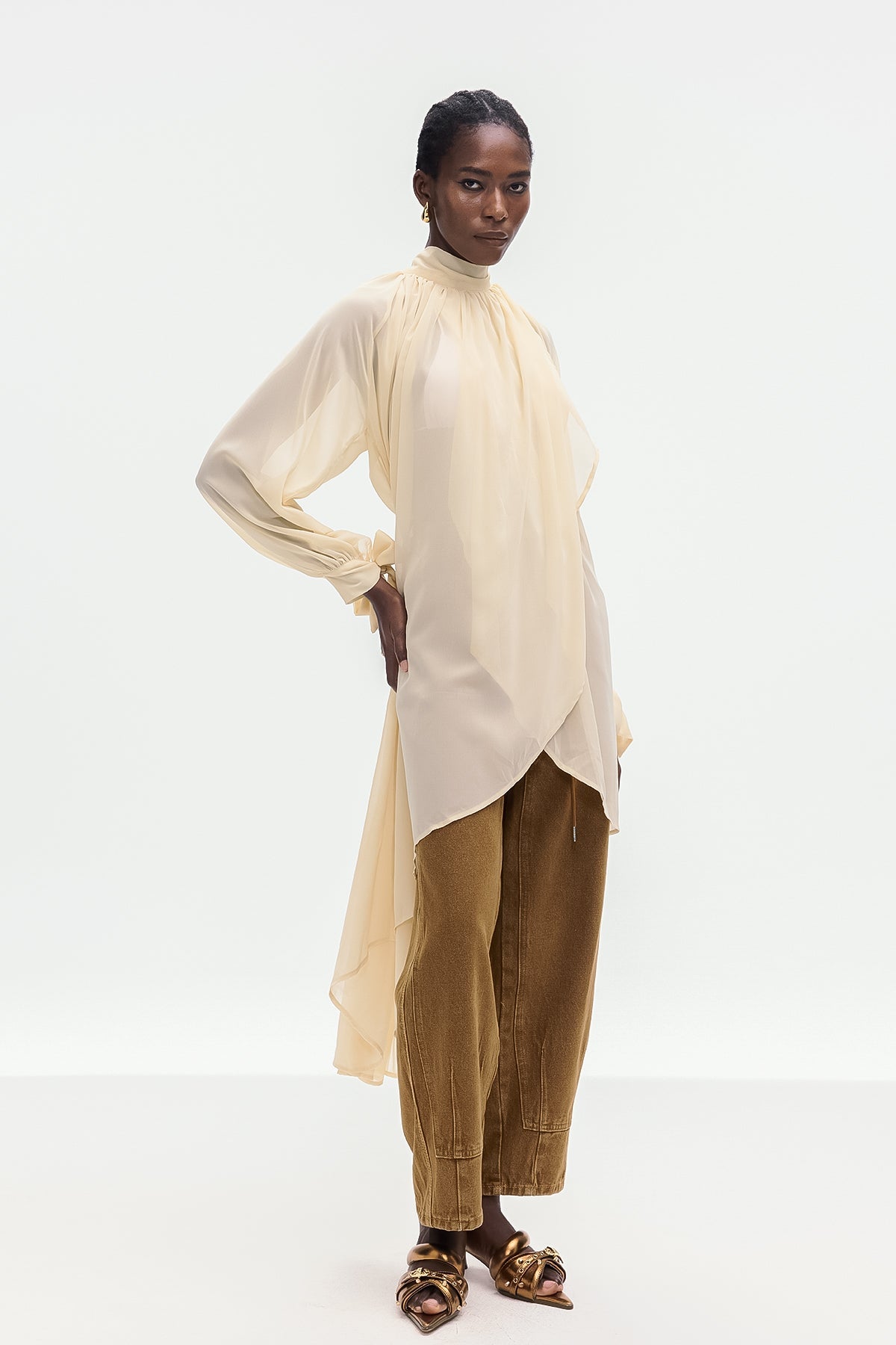 Bolormaa Lace Up Asymmetric Shirt In Apricot