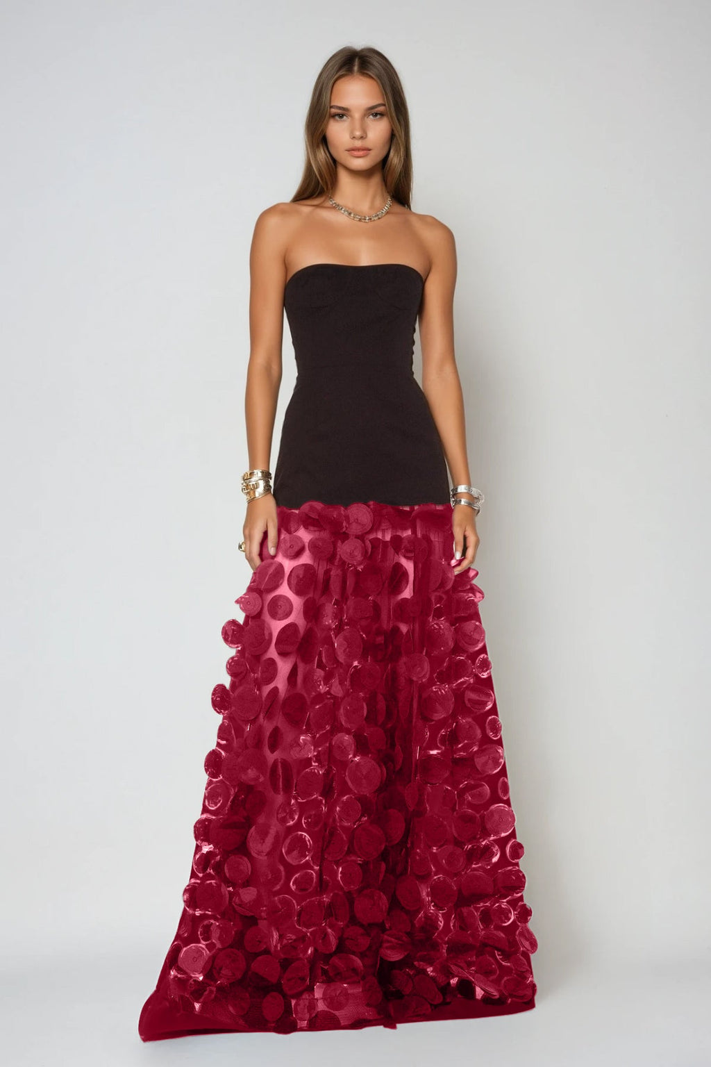 Boryana Dot Strapless Maxi Dress In Red