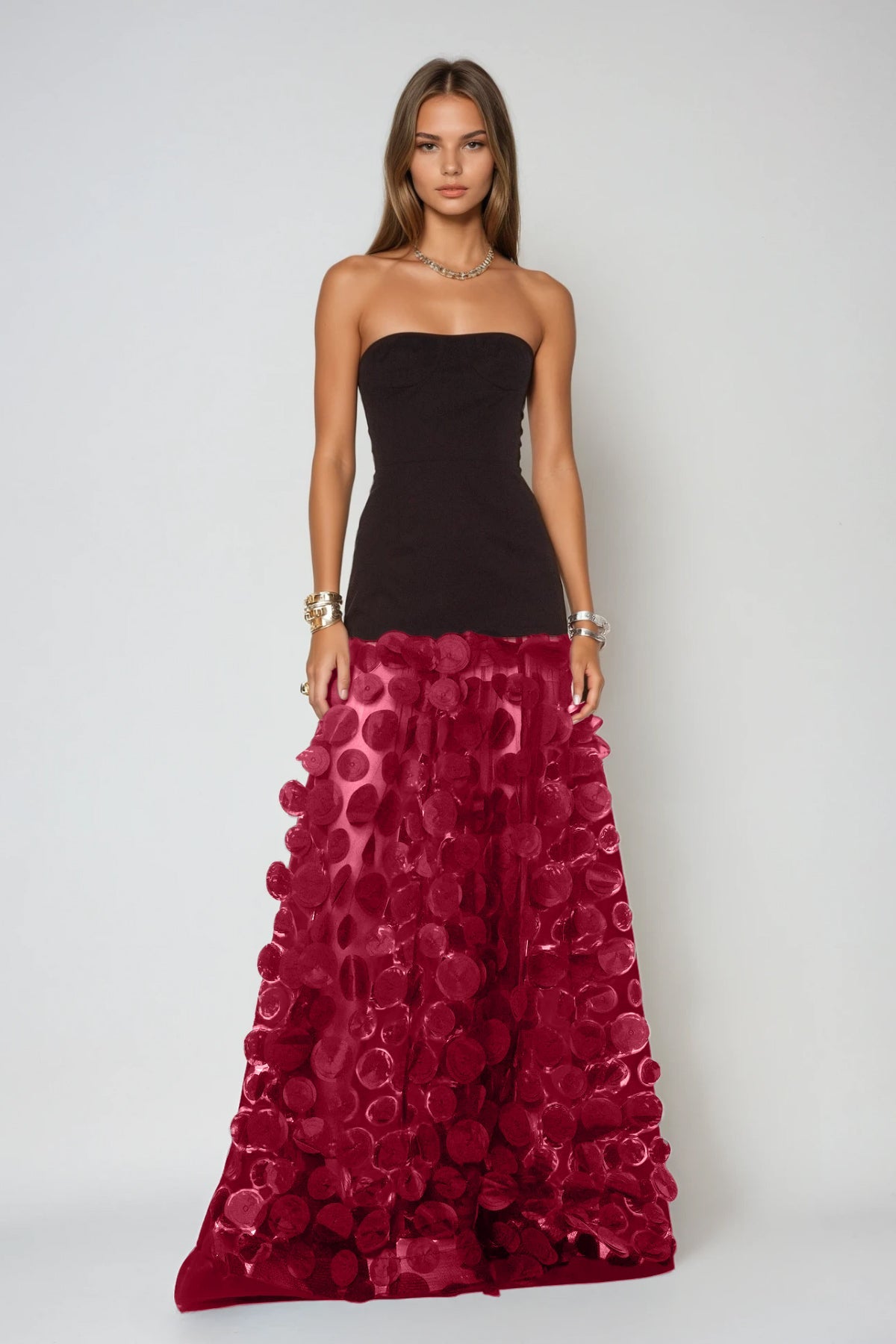 Boryana Dot Strapless Maxi Dress In Red