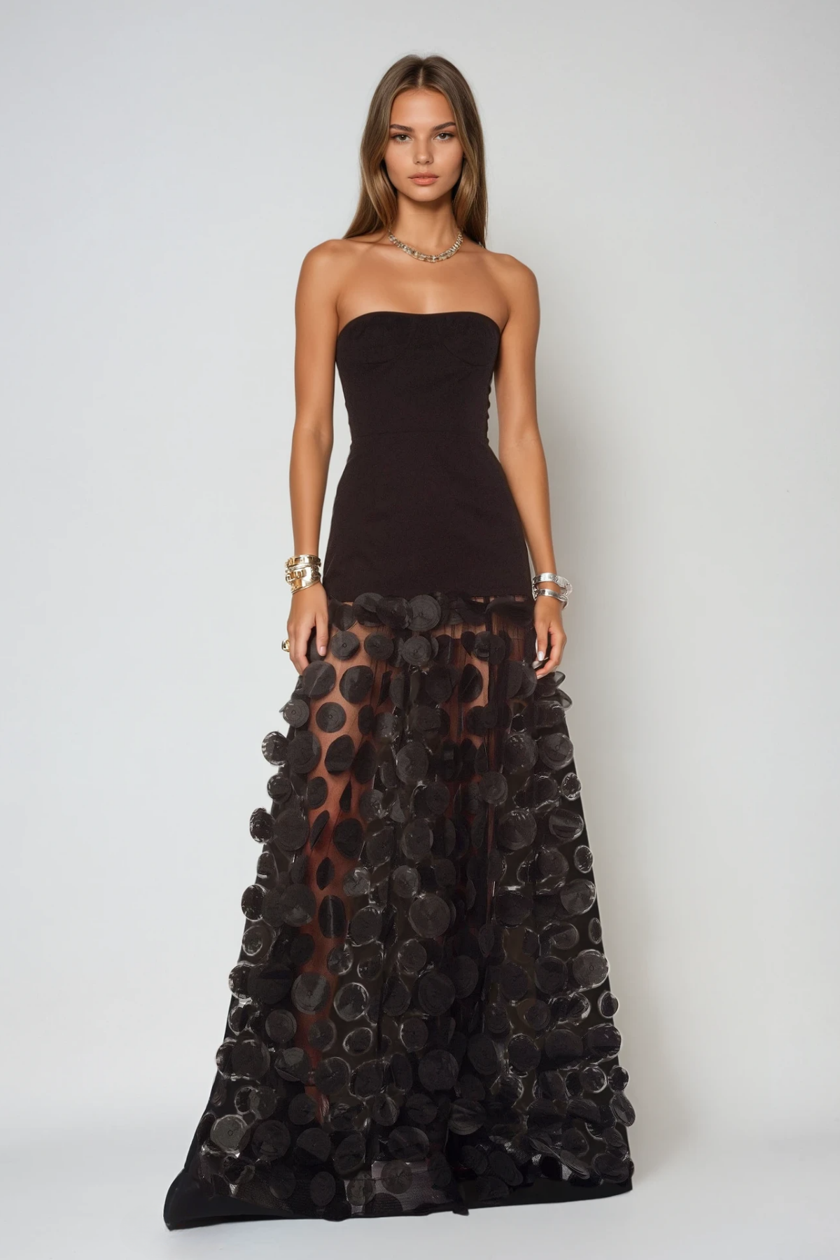 Boryana Dot Strapless Maxi Dress In Black