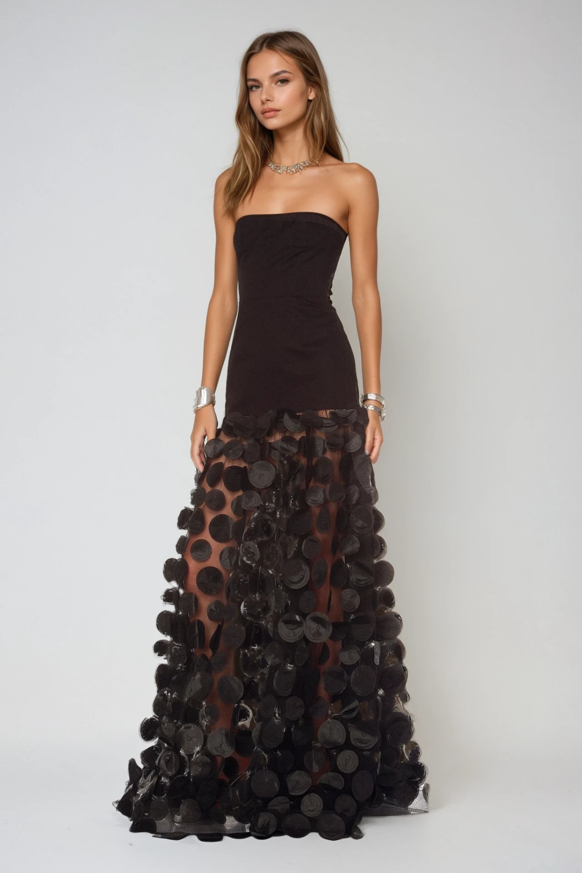 Boryana Dot Strapless Maxi Dress In Black