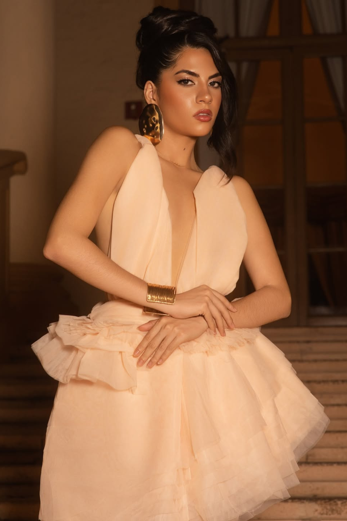 Bosmat Ruch Mesh Asymmetric Mini Dress In Apricot