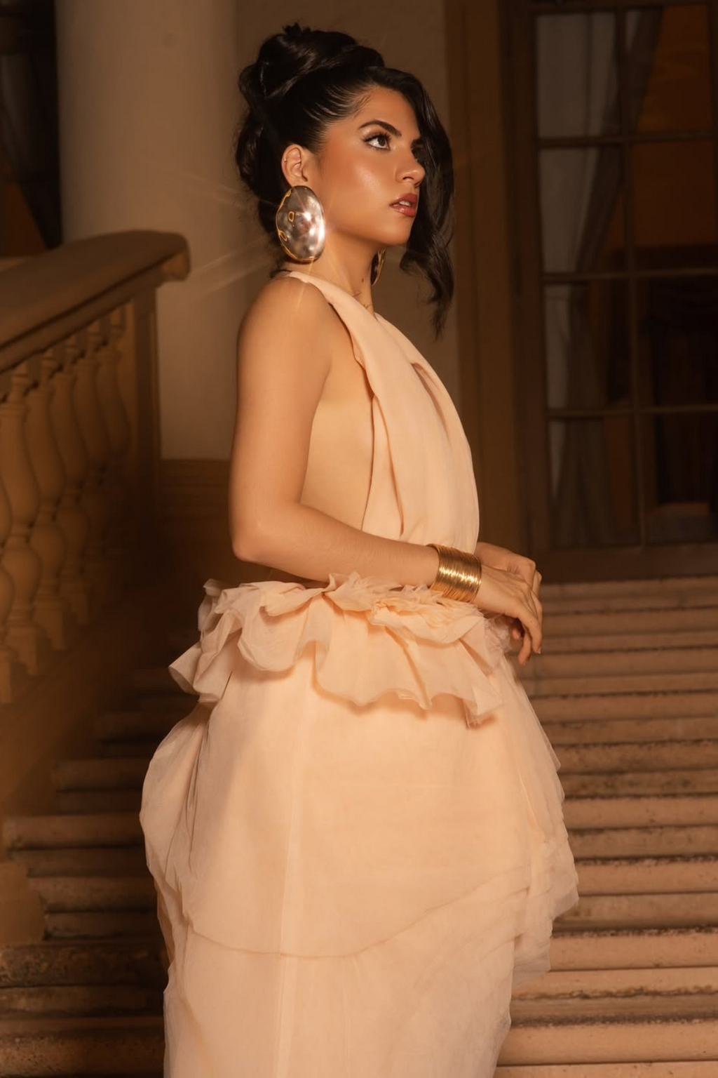 Bosmat Ruch Mesh Asymmetric Mini Dress In Apricot