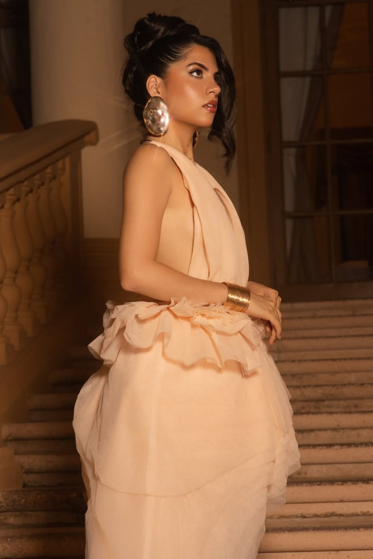 Bosmat Ruch Mesh Asymmetric Mini Dress In Apricot