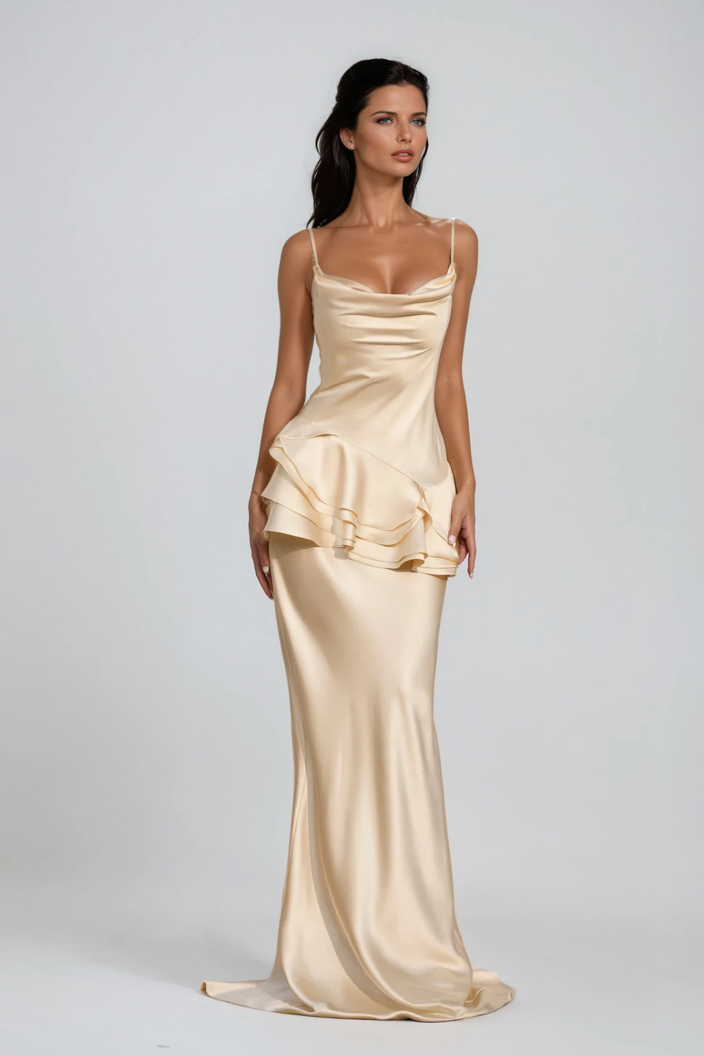 Boudica Cow Neck Ruffle Satin Maxi Dress