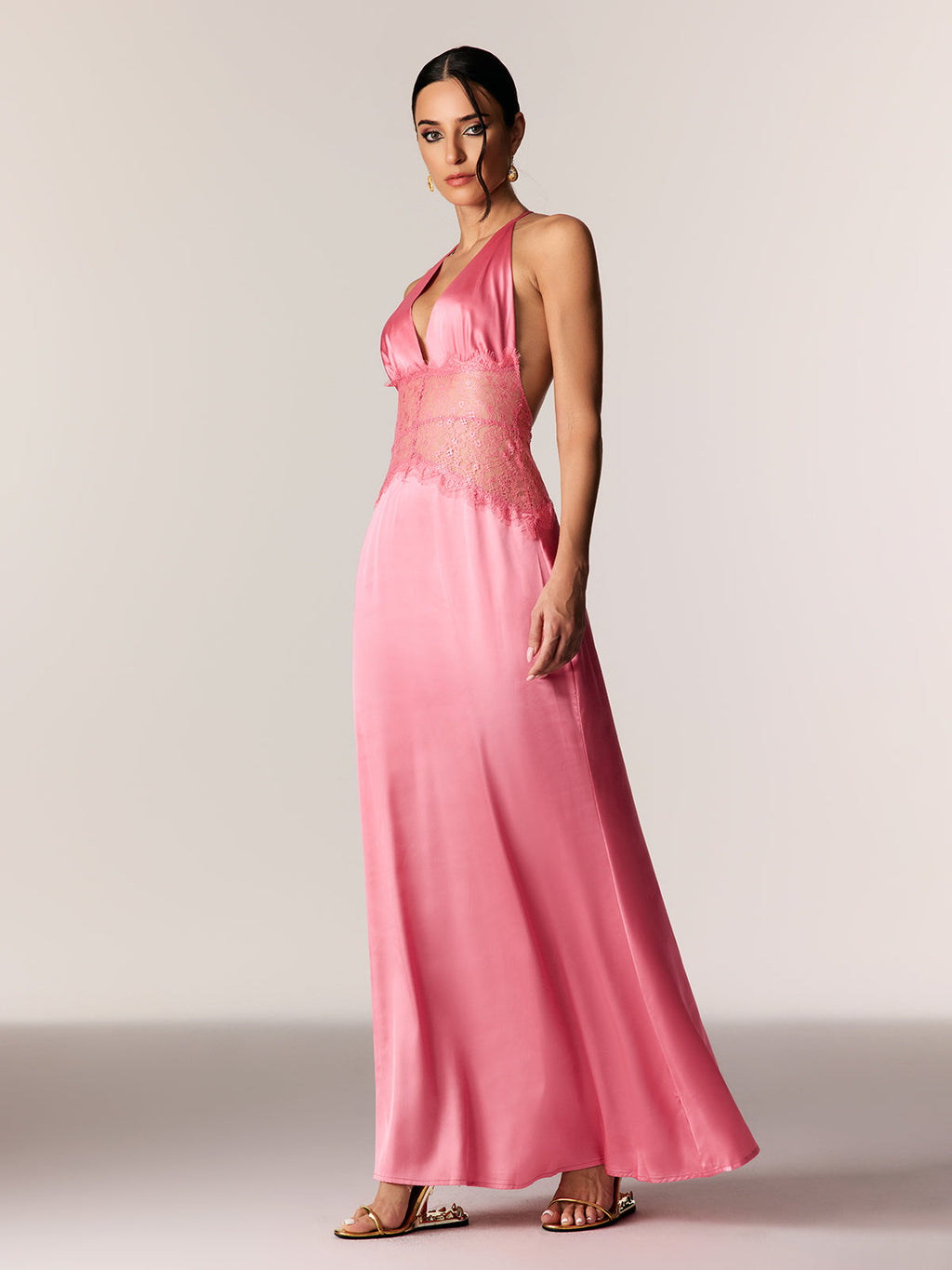 Bowie Lace Plunge Backless Maxi Dress In Pink
