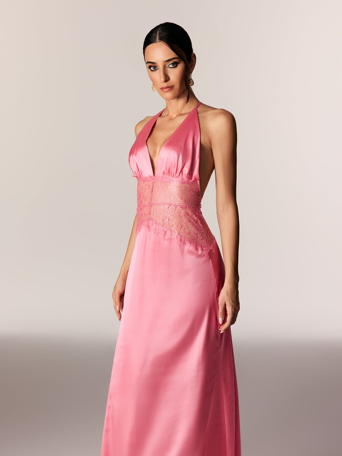 Bowie Lace Plunge Backless Maxi Dress In Pink