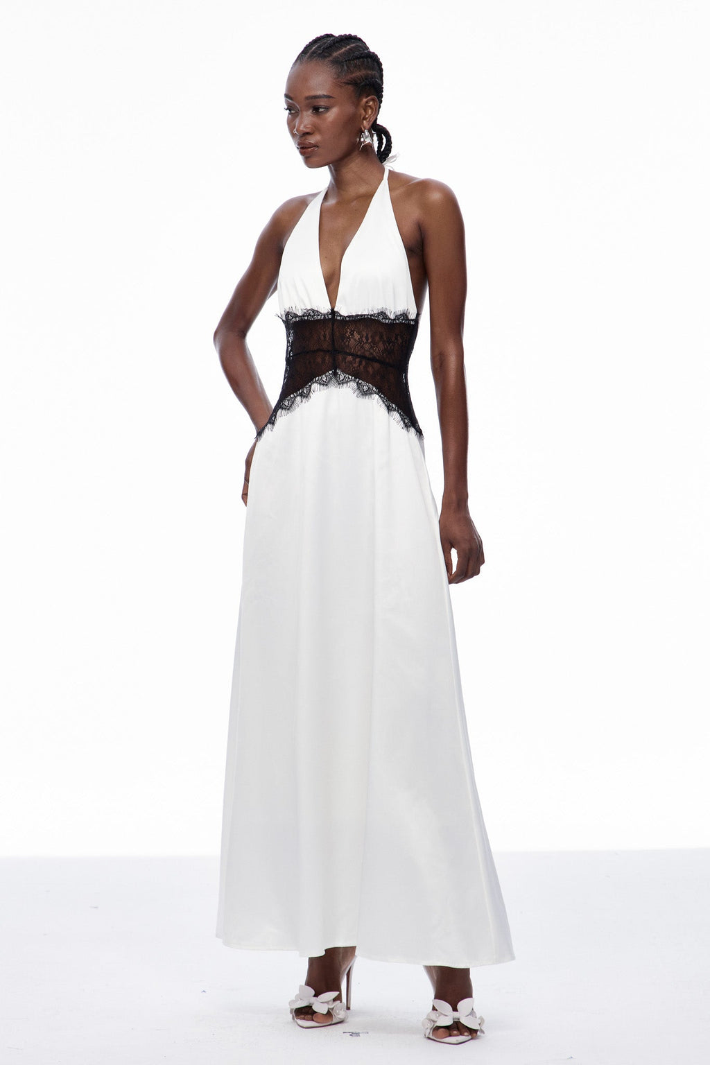 Bowie Lace Plunge Backless Maxi Dress In White