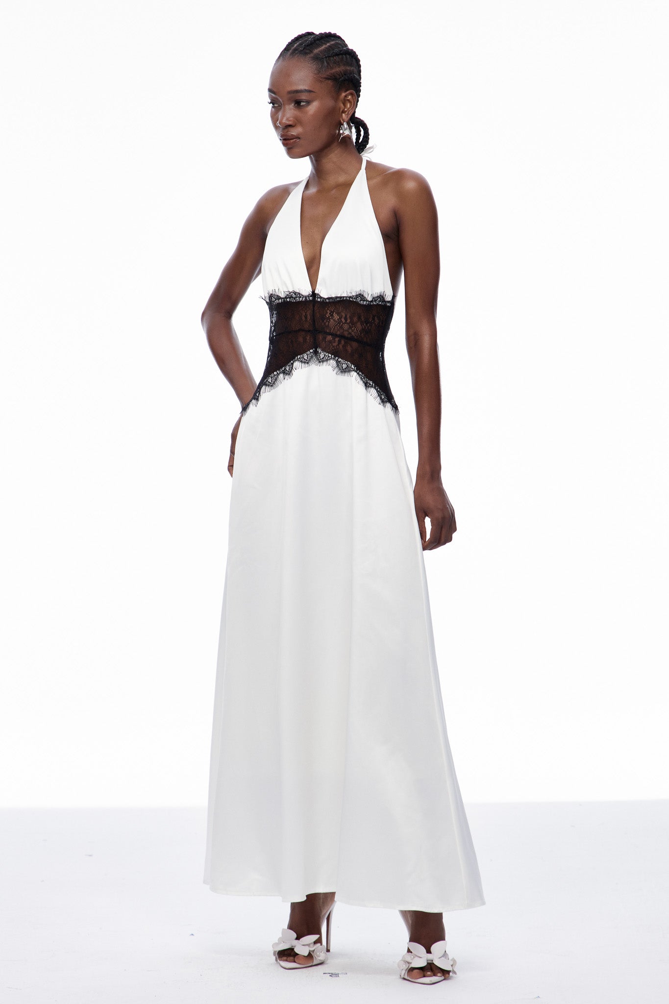 Bowie Lace Plunge Backless Maxi Dress In White