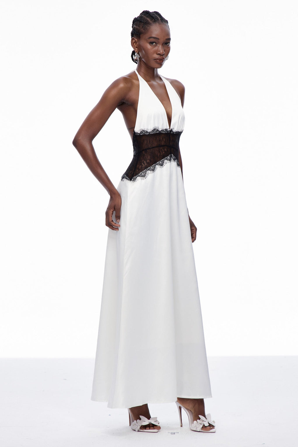 Bowie Lace Plunge Backless Maxi Dress In White