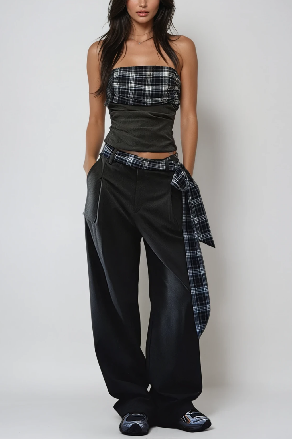 Braidy Grid Strapless Pants Set