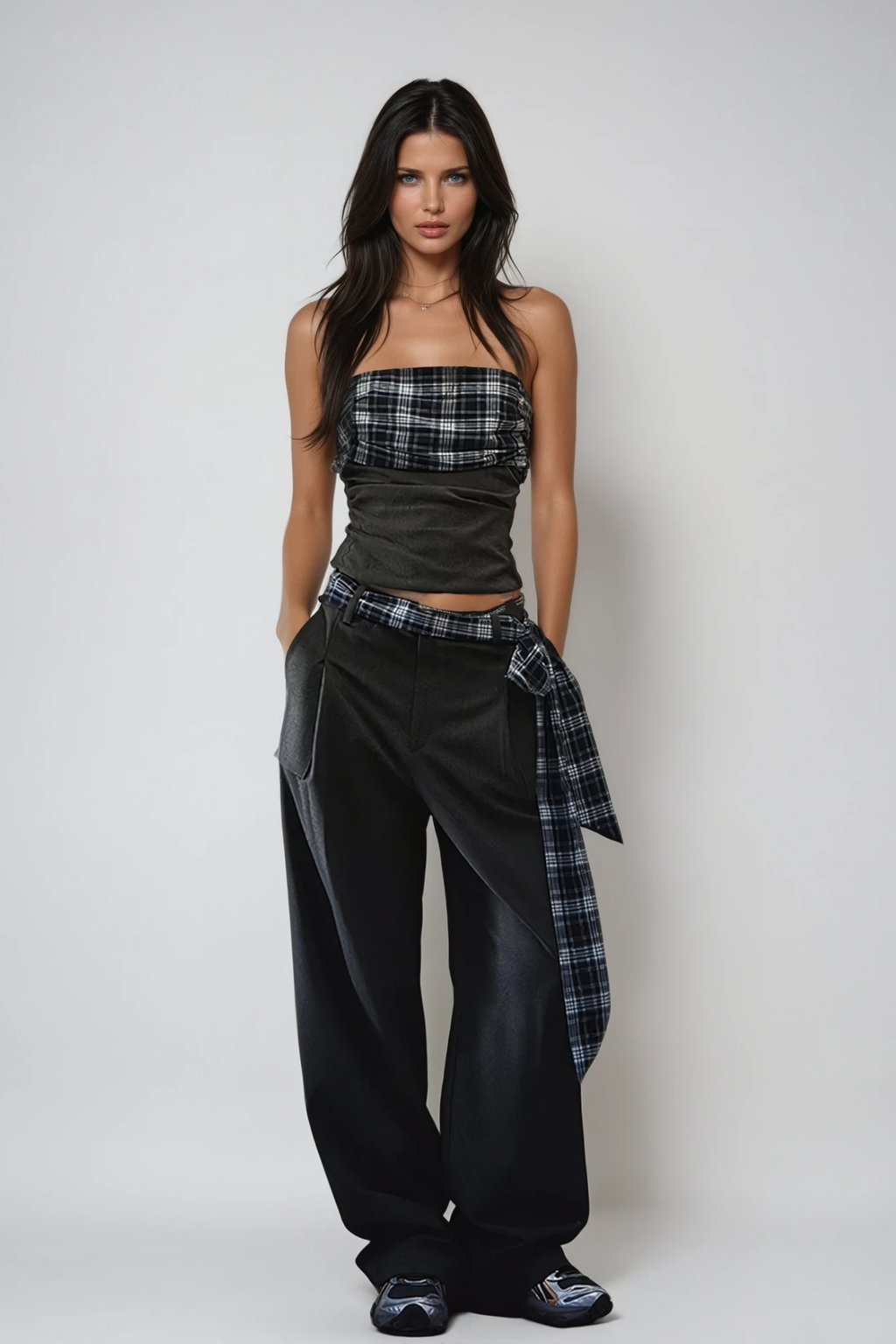 Braidy Grid Strapless Pants Set