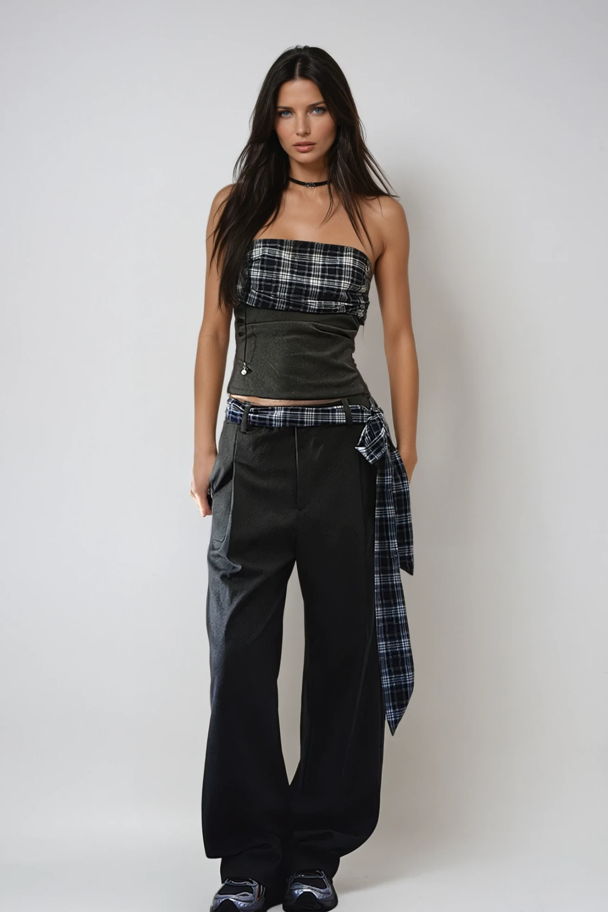 Braidy Grid Strapless Pants Set