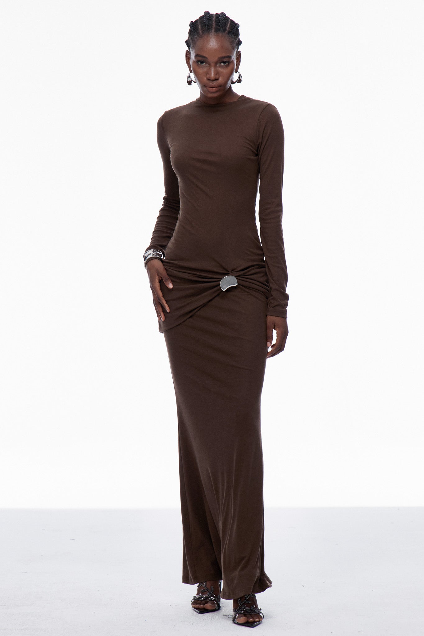 Brandr Ruch Bodycon Maxi Dress In Brown