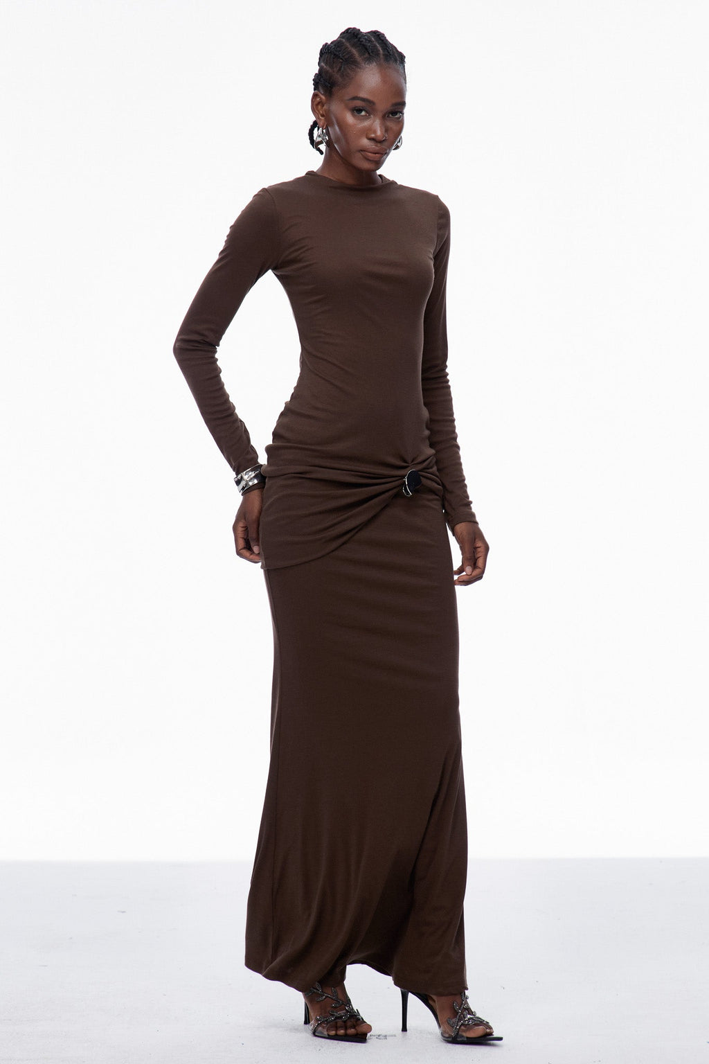 Brandr Ruch Bodycon Maxi Dress In Brown
