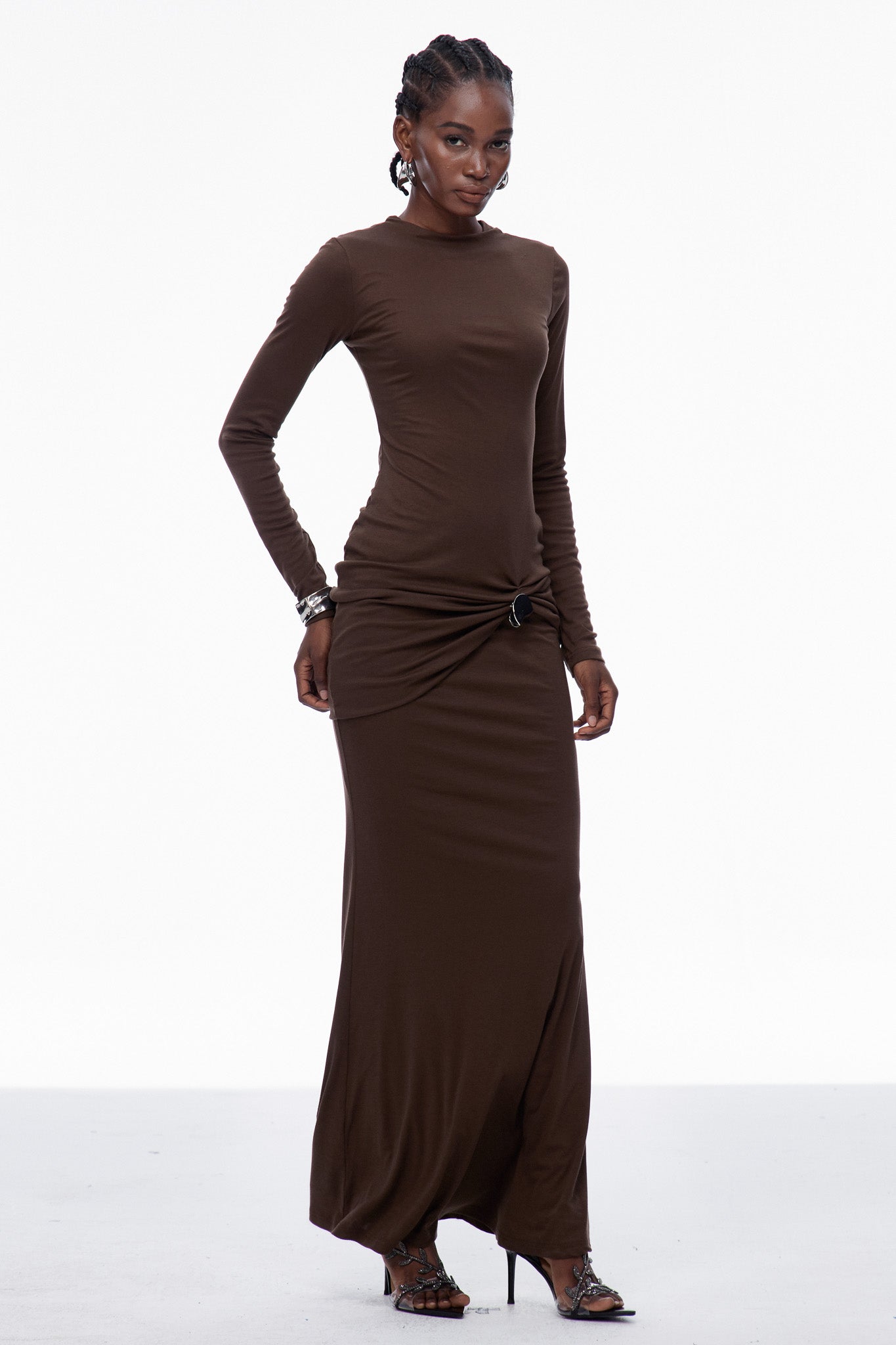 Brandr Ruch Bodycon Maxi Dress In Brown