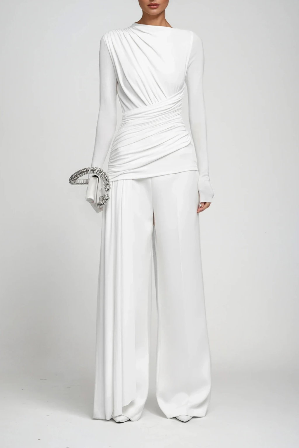 Cabdirashiid Ruch Asymmetric Fringe Pants Set In White