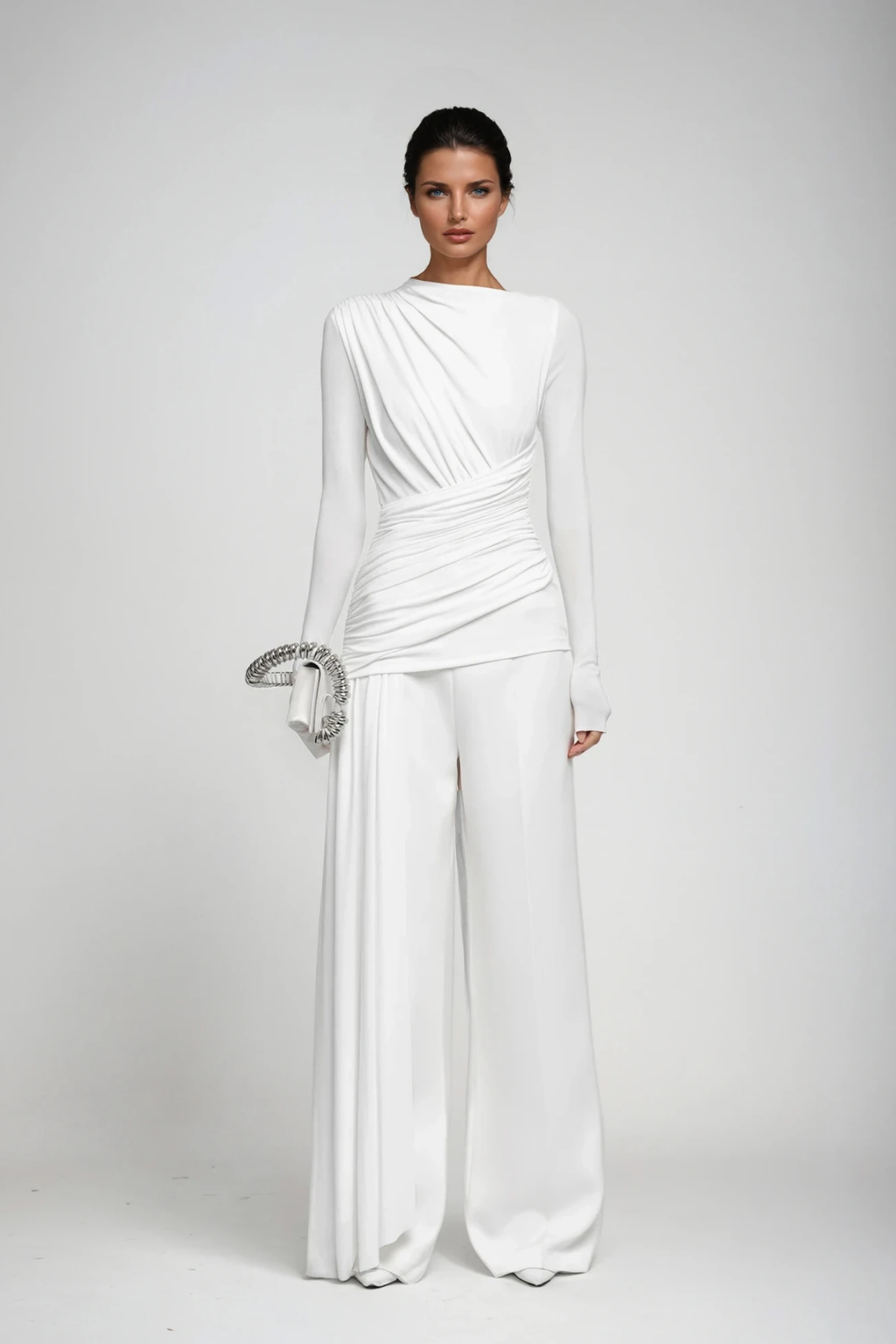 Cabdirashiid Ruch Asymmetric Fringe Pants Set In White