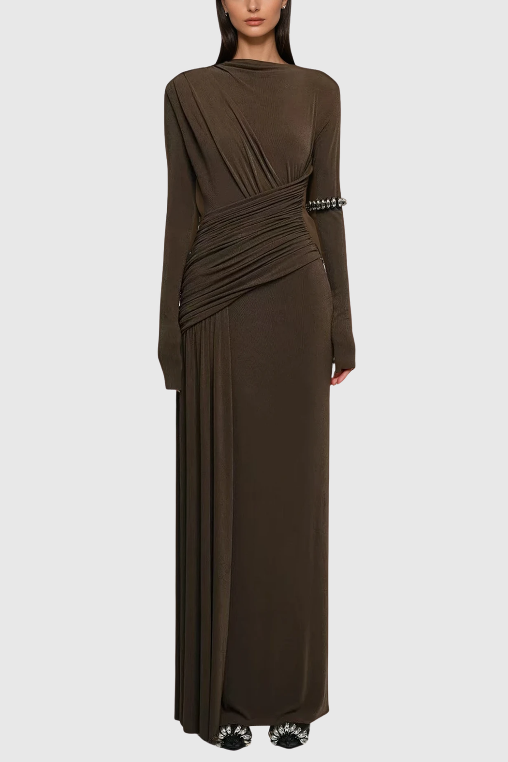 Cabdirashiid Ruch Asymmetric Maxi Dress In Brown