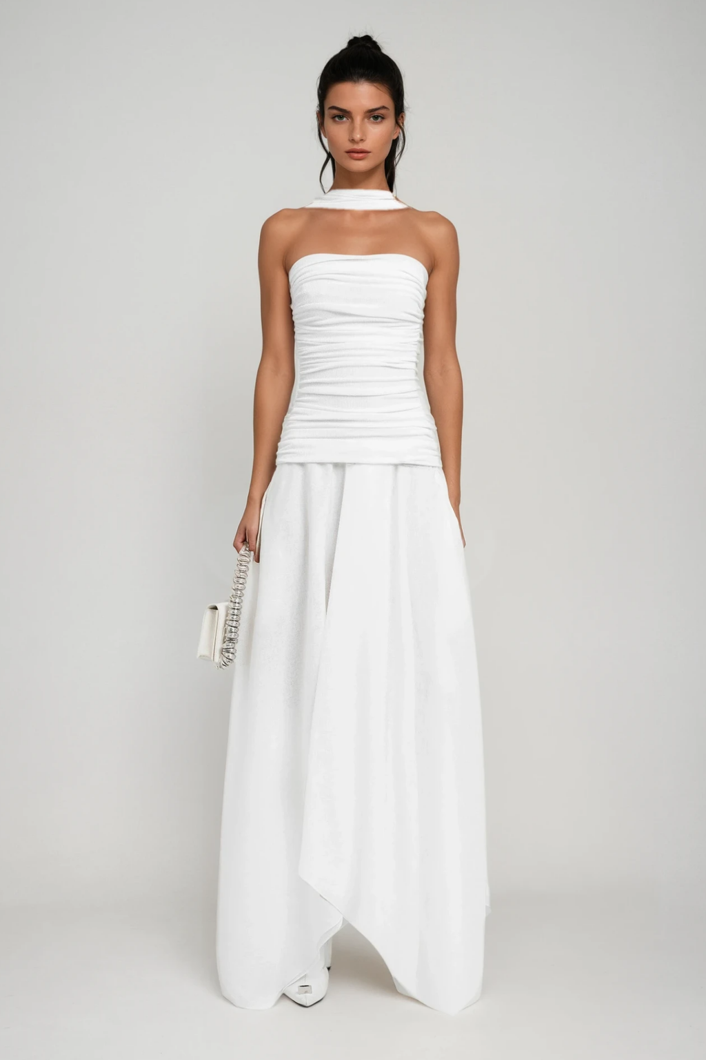 Cabdiraxmaan Ruch Drawstring Asymmetric Maxi Dress In White