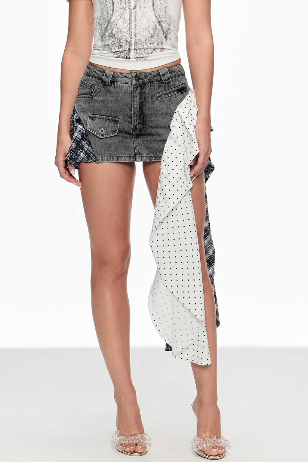 Caelestinus Dot Patchwork Asymmetric Mini Skirt In Black