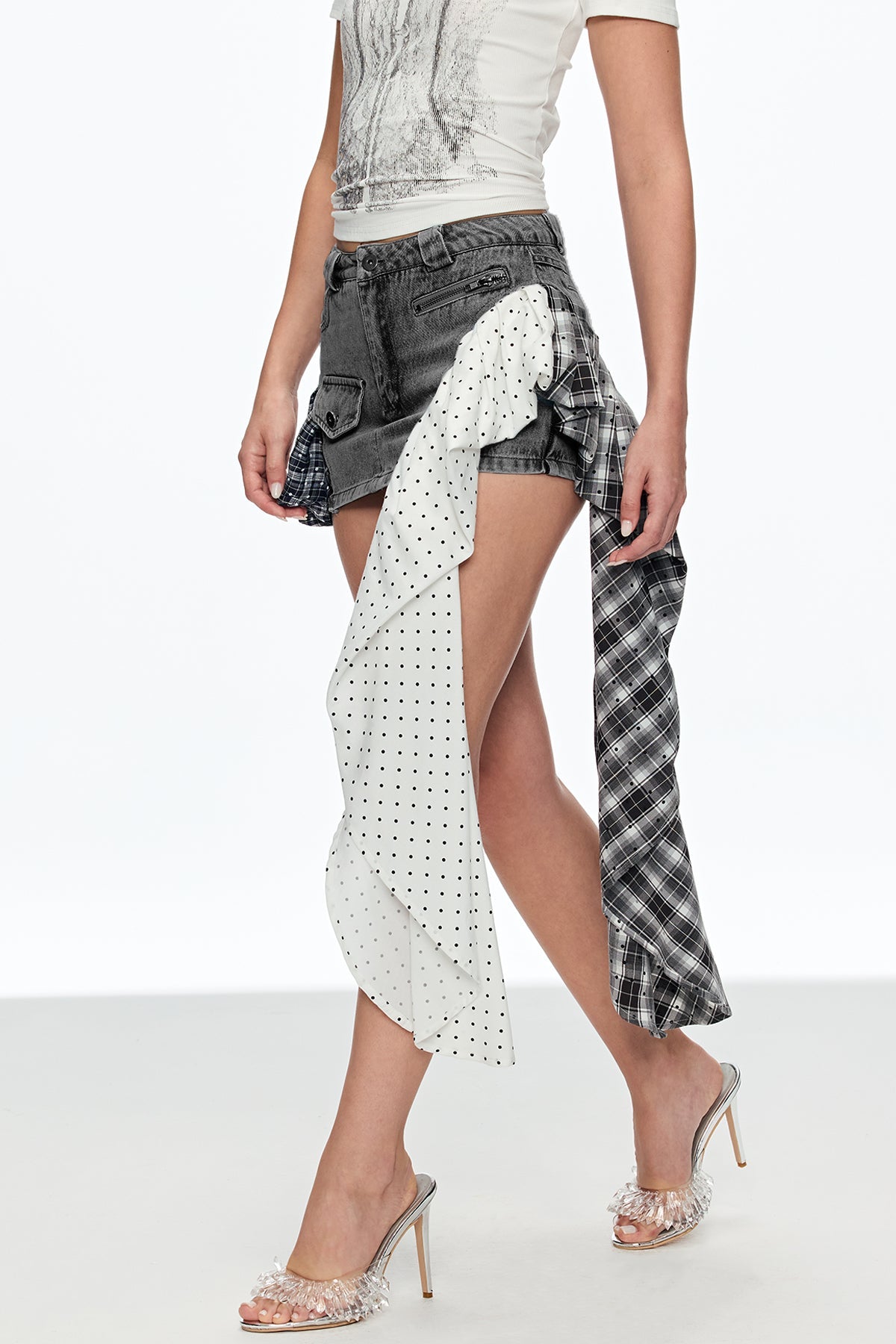 Caelestinus Dot Patchwork Asymmetric Mini Skirt In Black