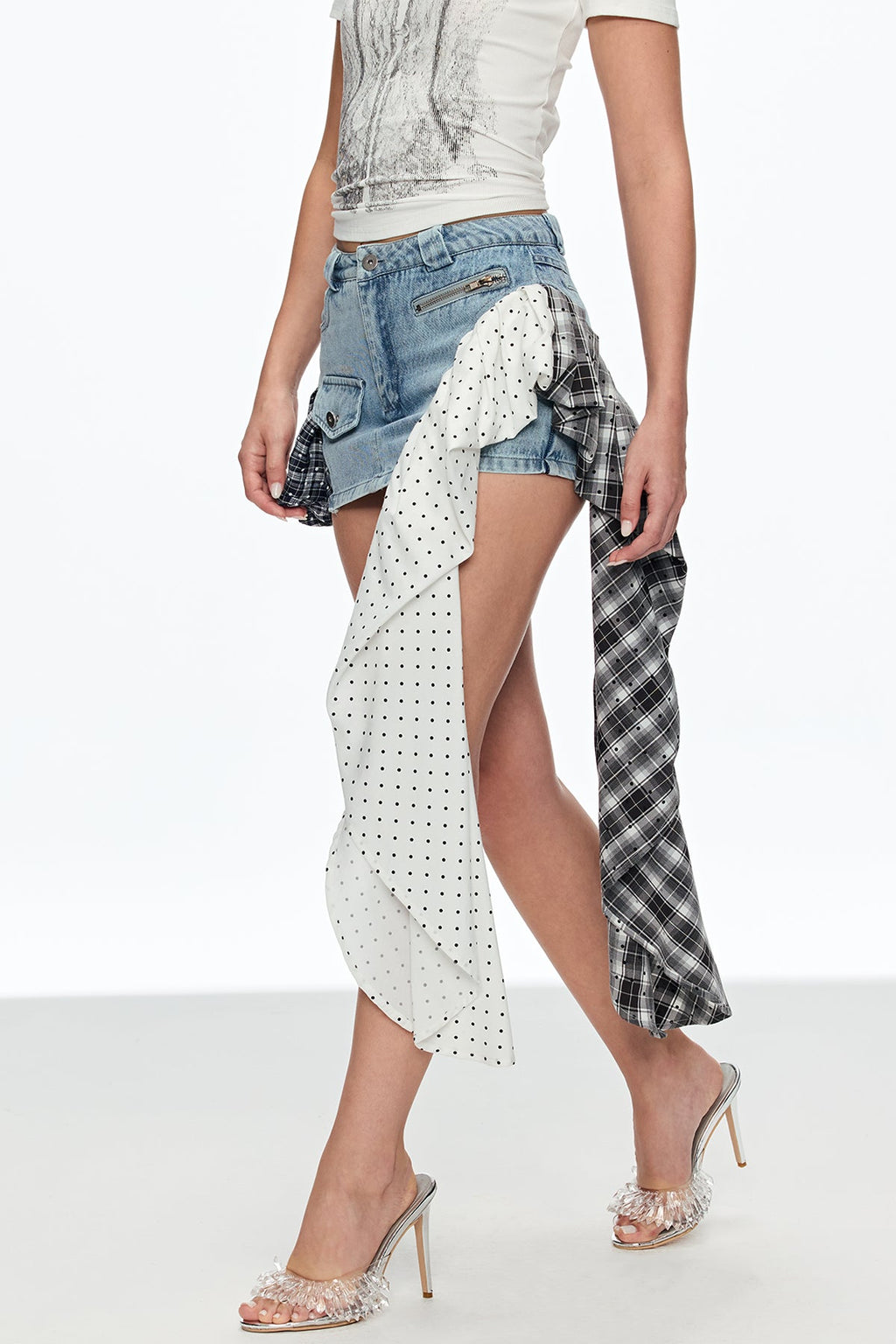 Caelestinus Dot Patchwork Asymmetric Mini Skirt In Blue