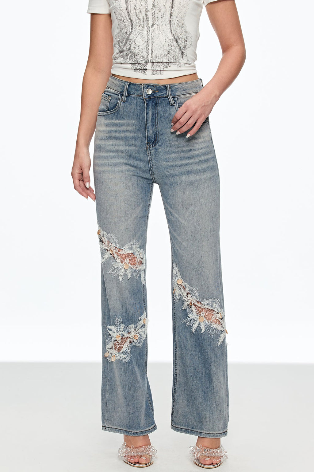 Caelinus Embroidered Flower Cutout Jeans