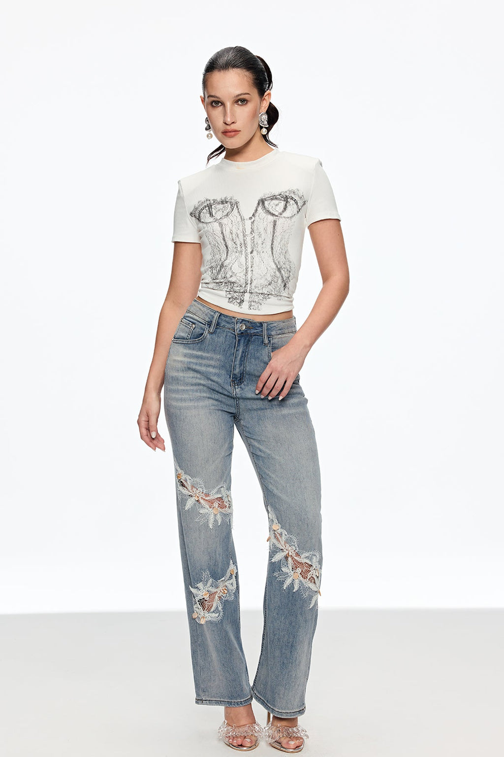 Caelinus Embroidered Flower Cutout Jeans