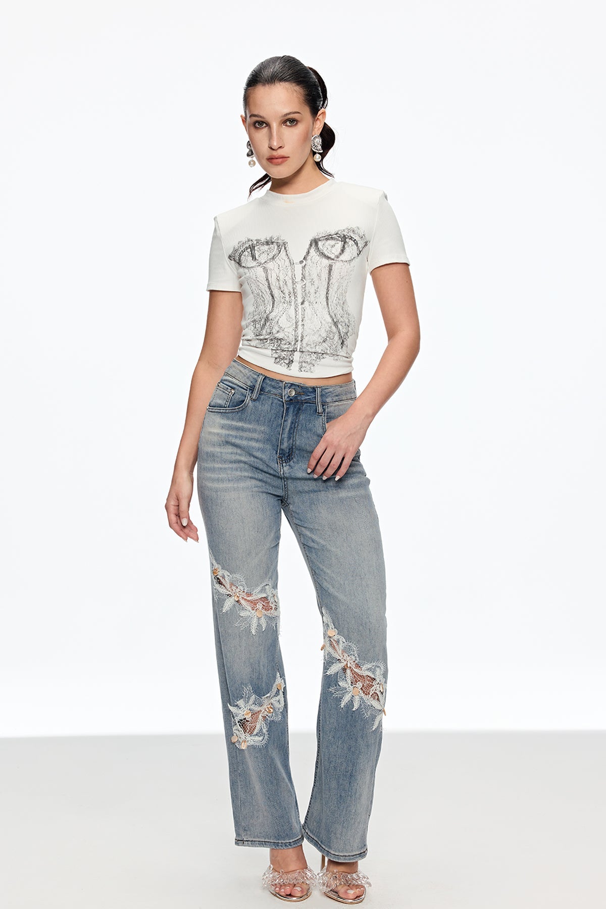 Caelinus Embroidered Flower Cutout Jeans