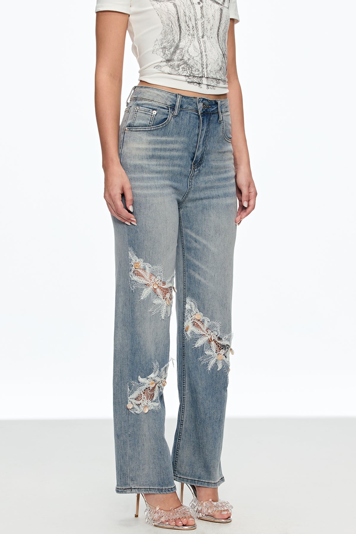 Caelinus Embroidered Flower Cutout Jeans