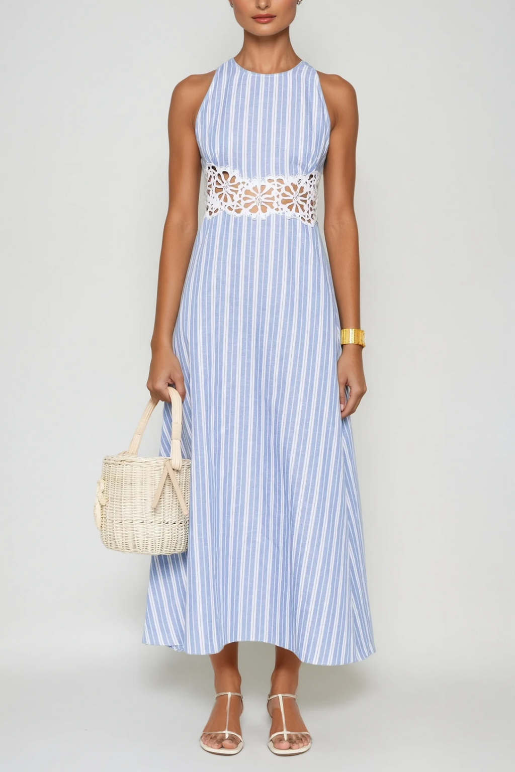 Caeso Sleeveless Stripe Cutout Maxi Dress