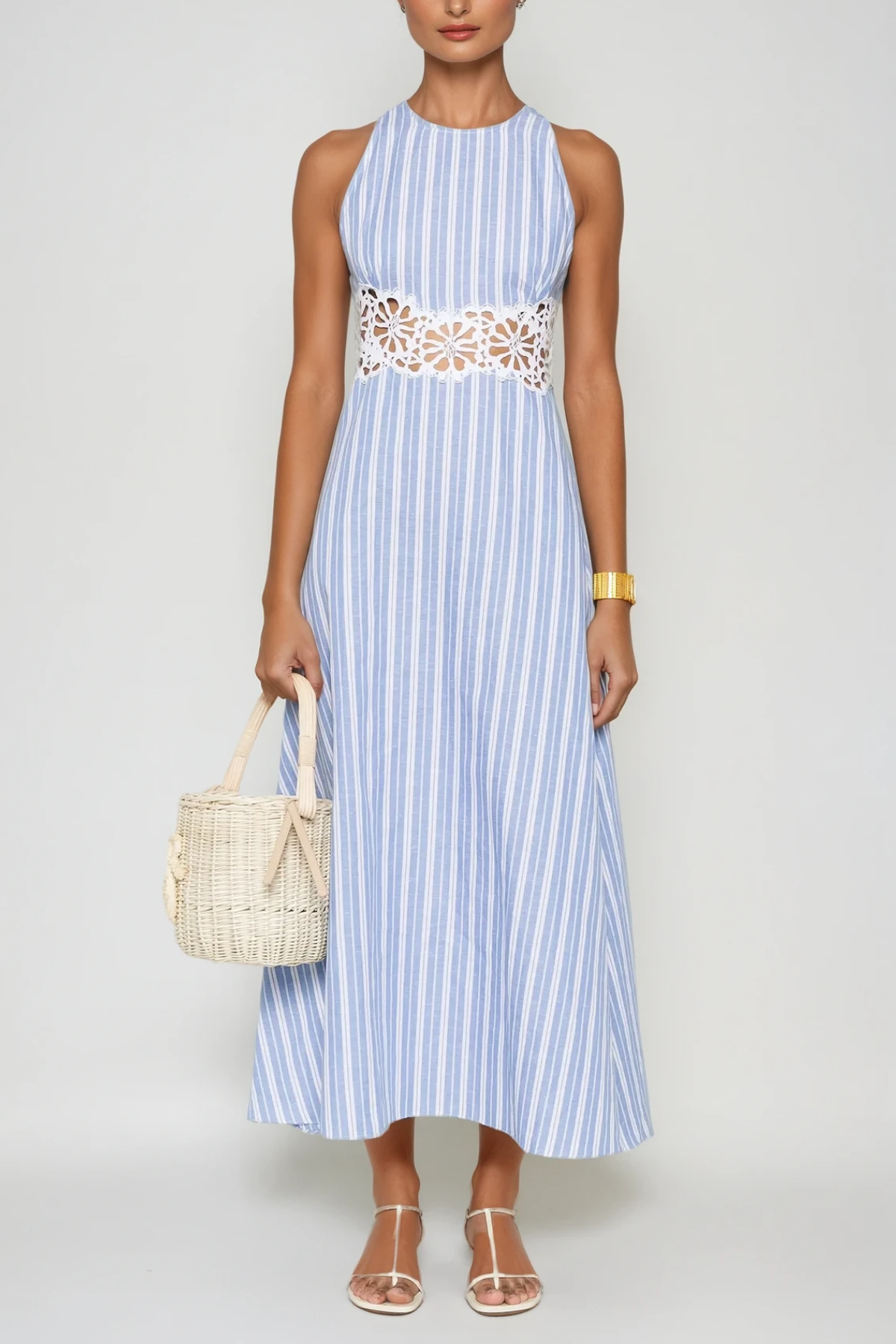 Caeso Sleeveless Stripe Cutout Maxi Dress