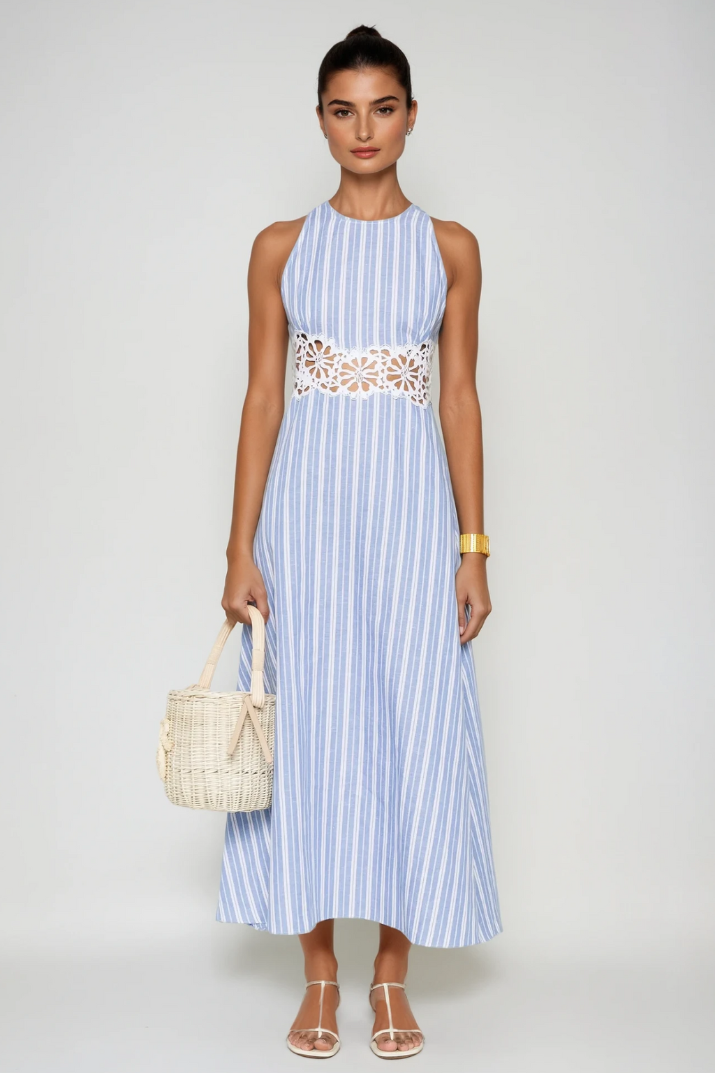 Caeso Sleeveless Stripe Cutout Maxi Dress