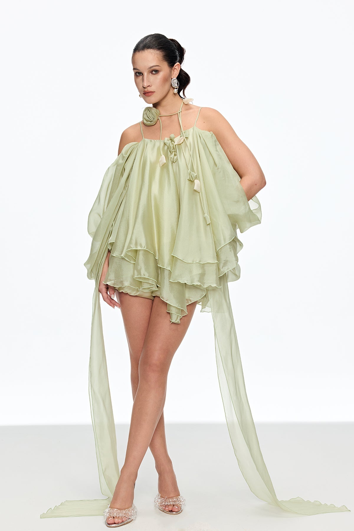 Caetana Ruffle Lace Up Fringe Mini Dress