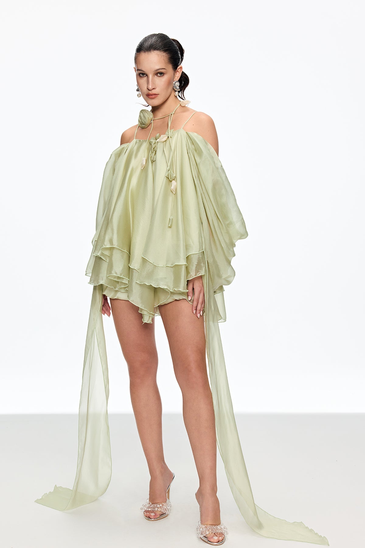 Caetana Ruffle Lace Up Fringe Mini Dress