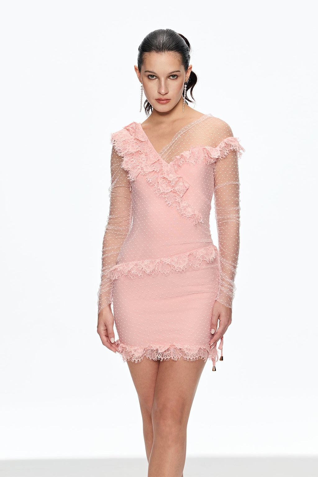 Cahid Mesh Dot Ruch Mini Dress