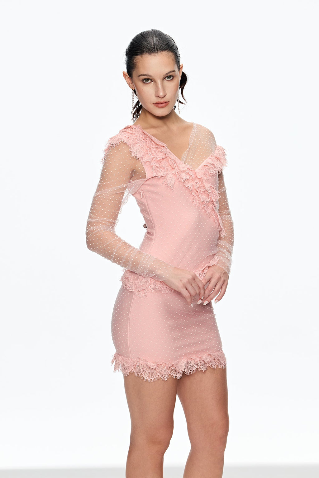 Cahid Mesh Dot Ruch Mini Dress