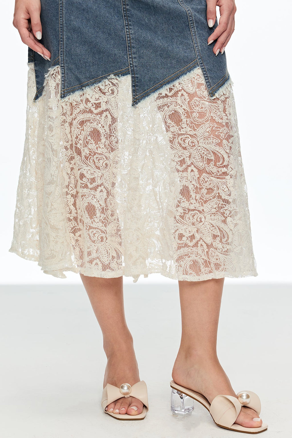 Cain Lace Denim Midi Skirt