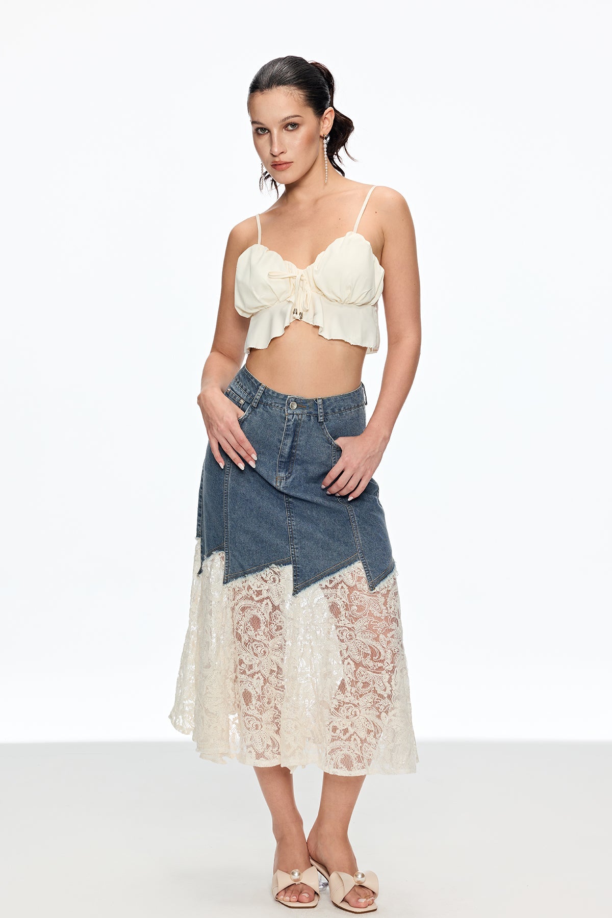 Cain Lace Denim Midi Skirt