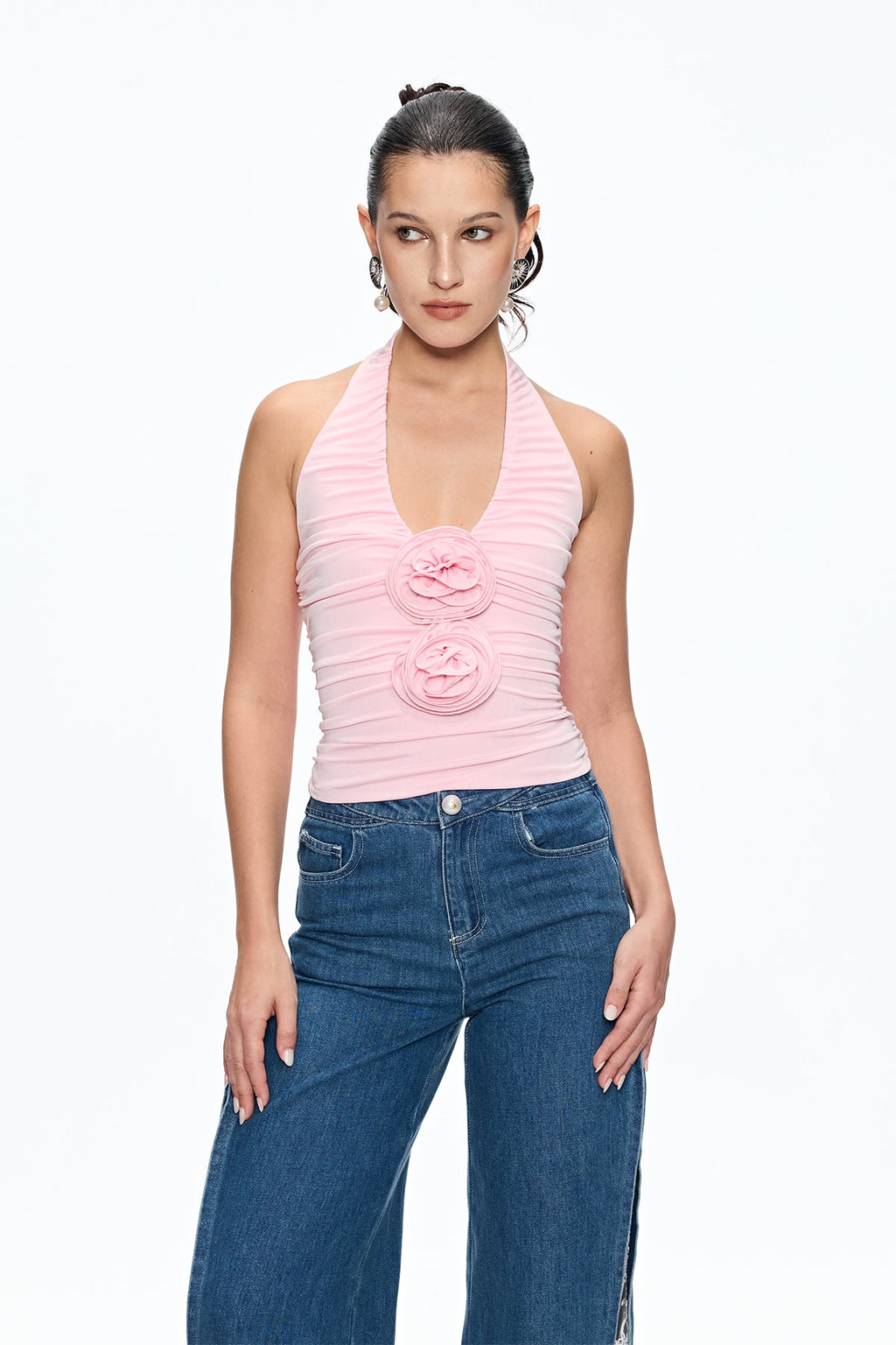 Caiside Flower Ruch Halter Neck Top