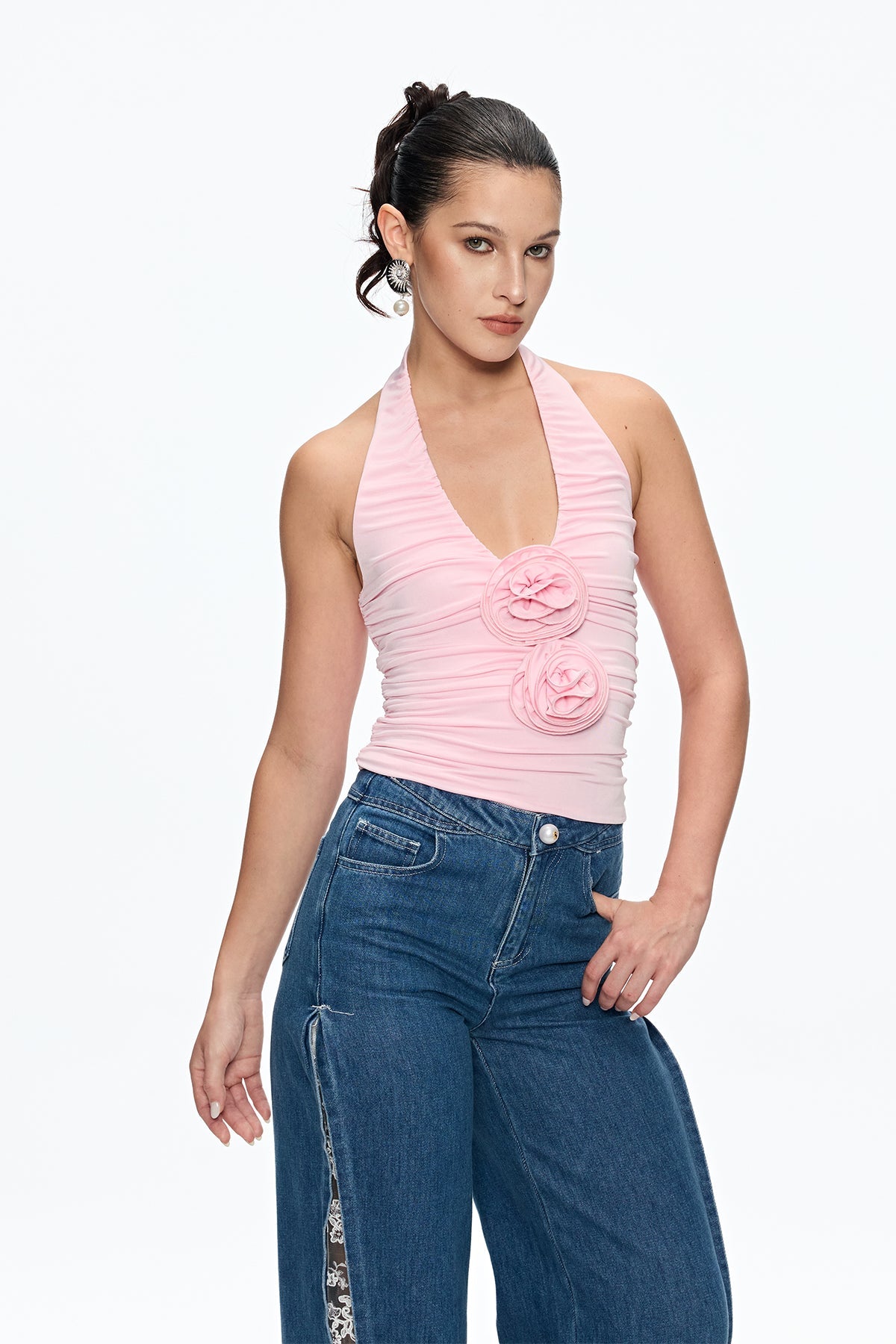 Caiside Flower Ruch Halter Neck Top
