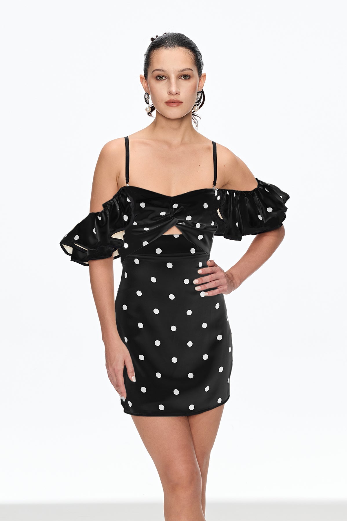 Caj Dot Off Shoulder Mini Dress In Black