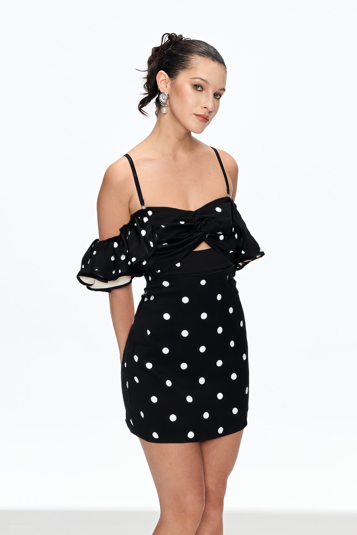 Caj Dot Off Shoulder Mini Dress In Black