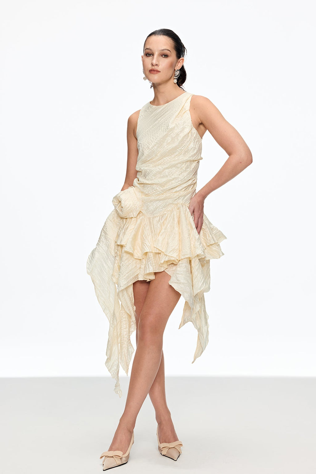 Caleb Flower Ruch Asymmetric Mini Dress In Apricot