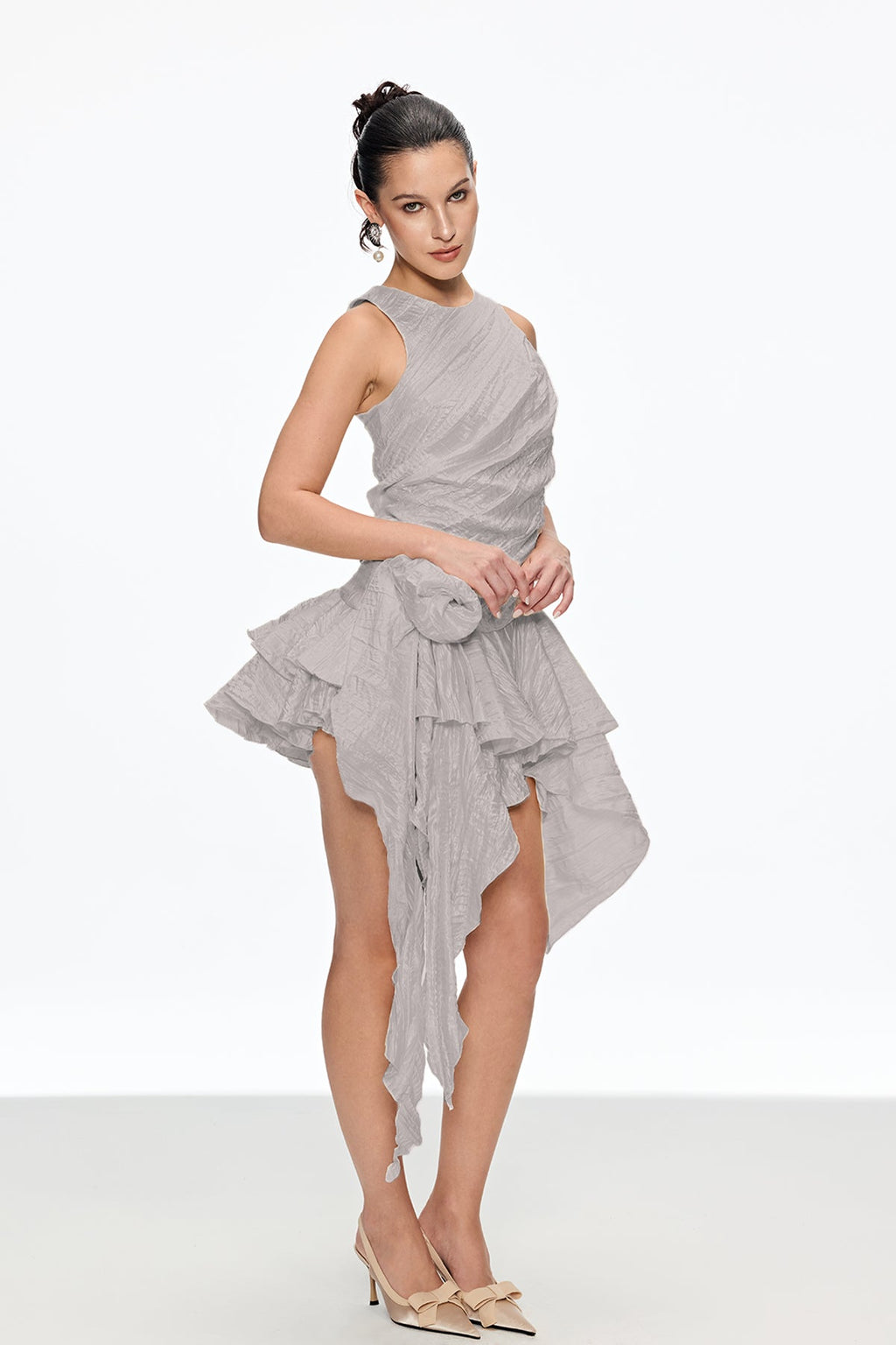 Caleb Flower Ruch Asymmetric Mini Dress In Grey