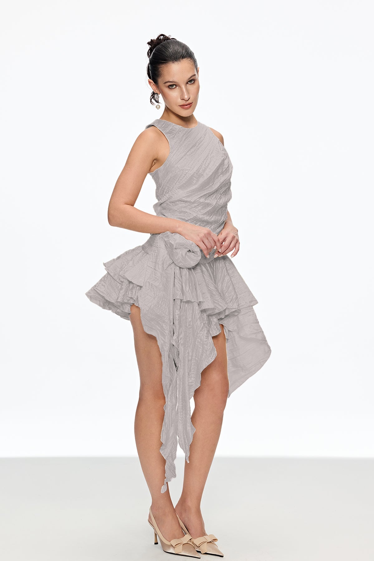 Caleb Flower Ruch Asymmetric Mini Dress In Grey