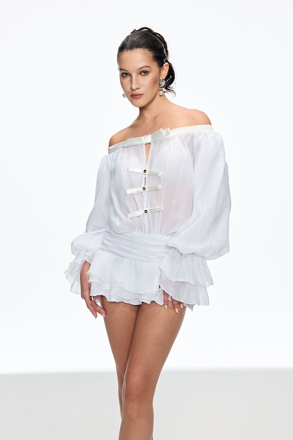 Calista Bow Off Shoulder Ruch Mini Dress