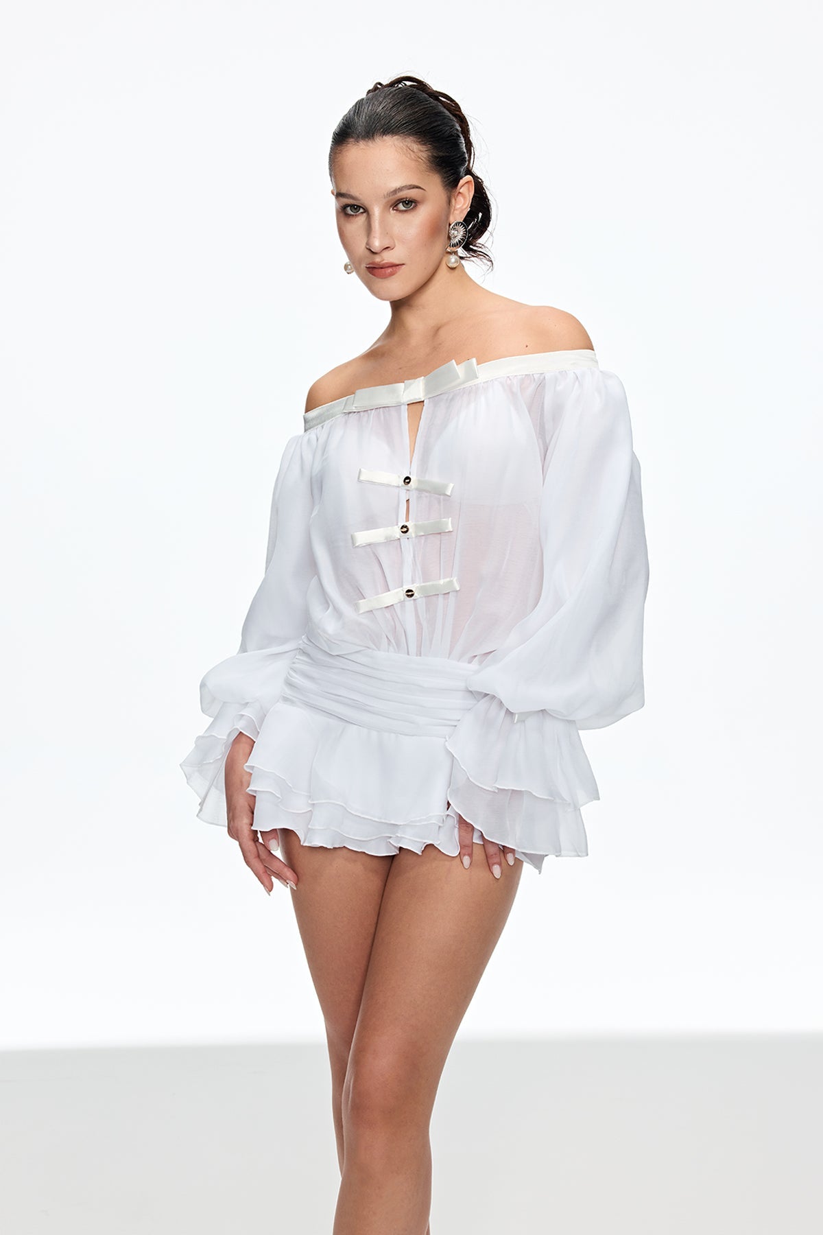 Calista Bow Off Shoulder Ruch Mini Dress