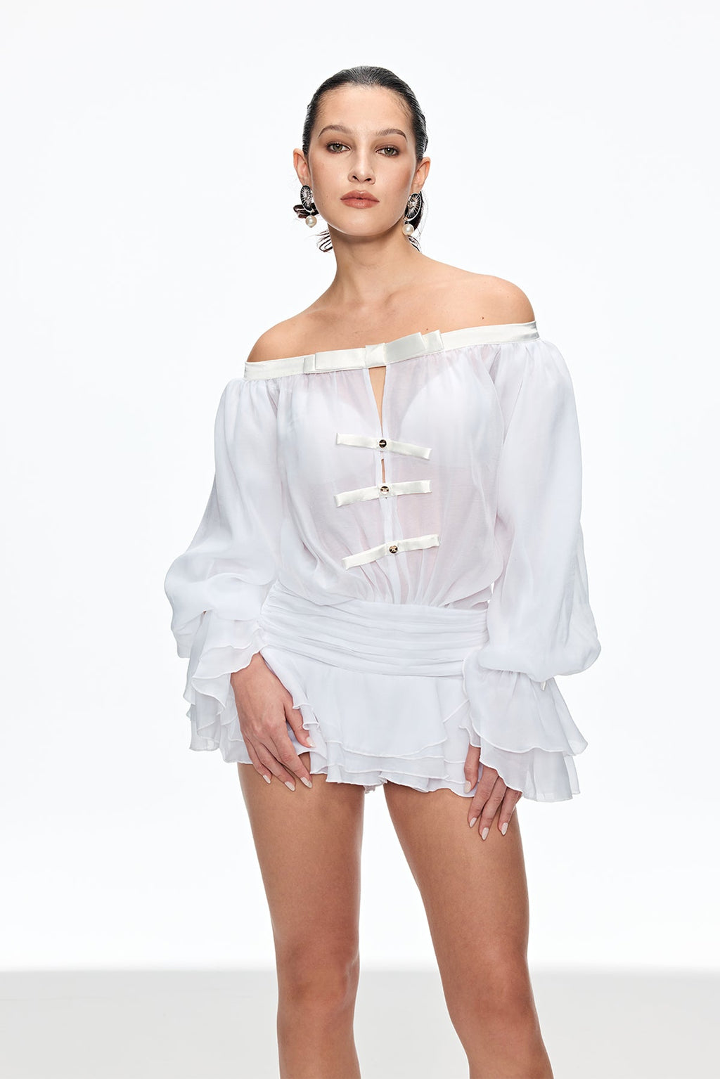 Calista Bow Off Shoulder Ruch Mini Dress